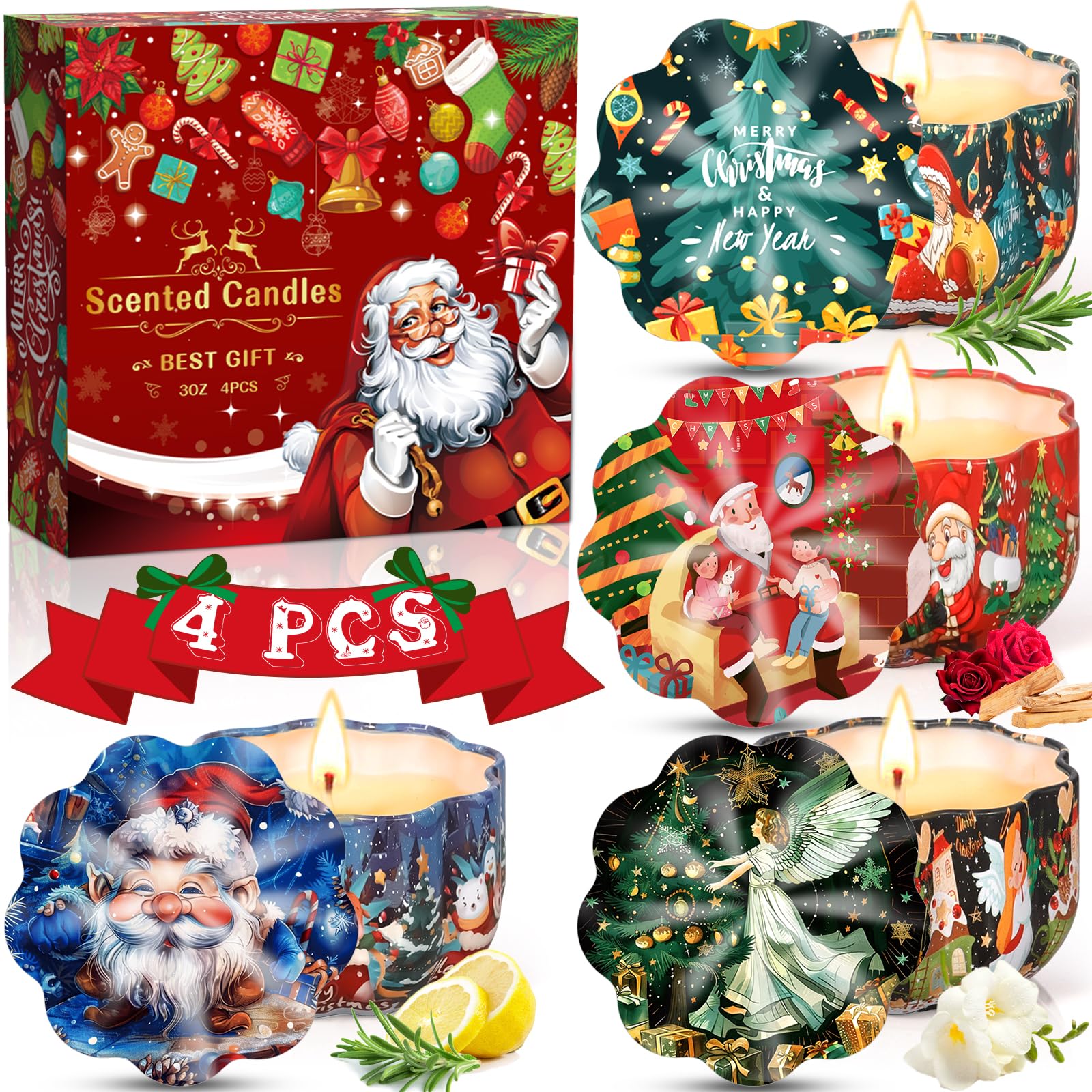 Velas Perfumadas,4 pcs Cera de Soja 100% Natural,Velas Aromaticas Perfumadas Navideñas Juego de regalo,Aliviar el Estrés,para Yoga,Baño,Dormitorio,Boda Navidad Cumpleaños Día de San Valentín.