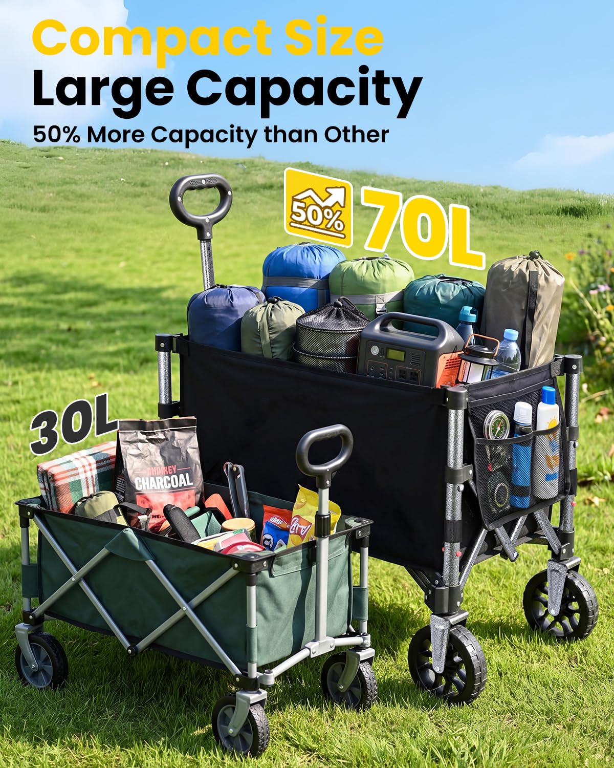 YEAUPE PRO Carrello con Ruote Portatile – 70L, 50kg carico max. – Pieghevole, con zip laterale, rete e manico telescopico – Ideale per campeggio, ufficio e casa – Nero Carbone