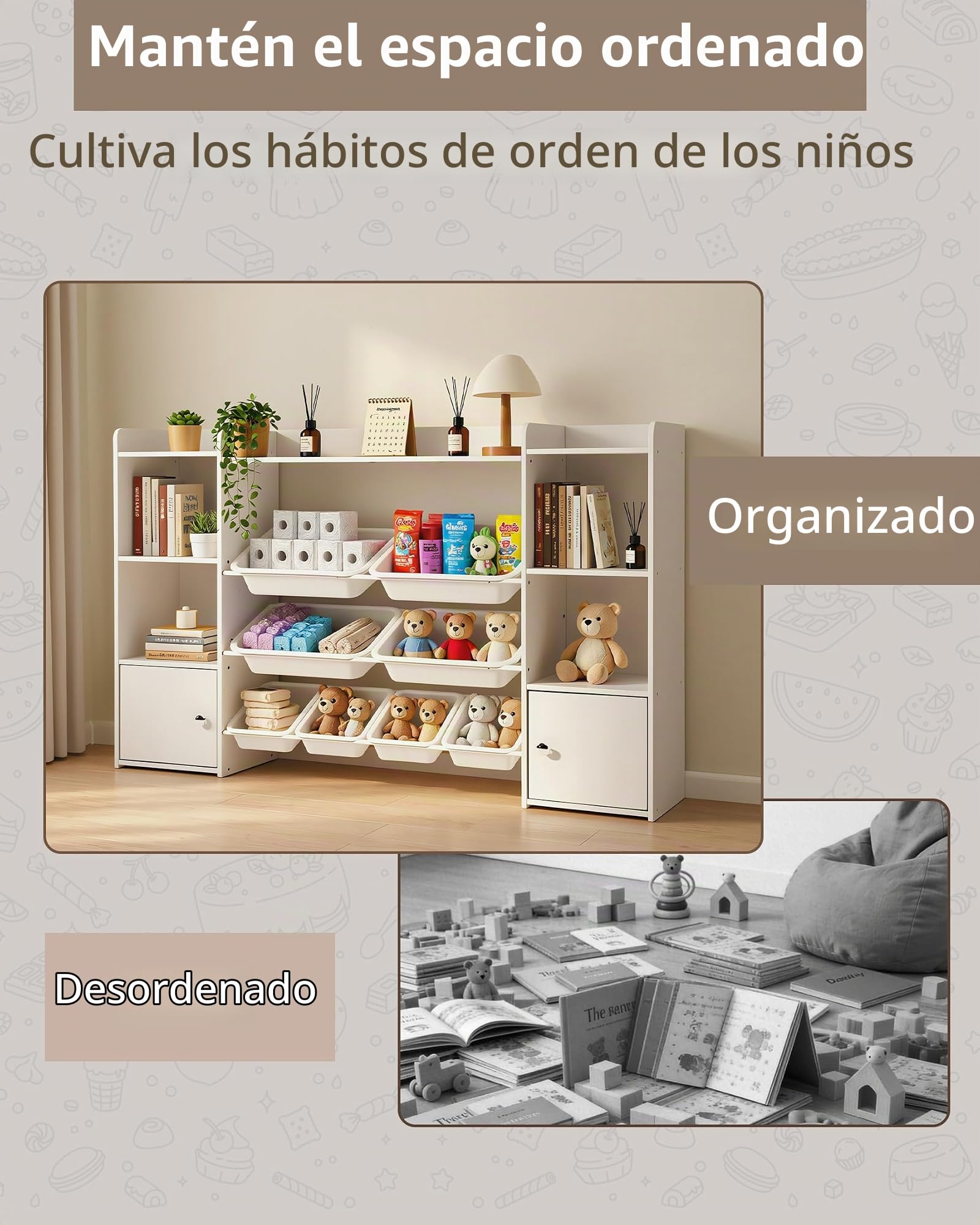 Libreria Infantil, Estanteria Infantil con Organizador de Juguetes, Libreria Montessori Infantil con 8 Cajas Extraíbles y 2 Puertas, para Habitacion Infantil y Cuarto de Juegos, Blanco