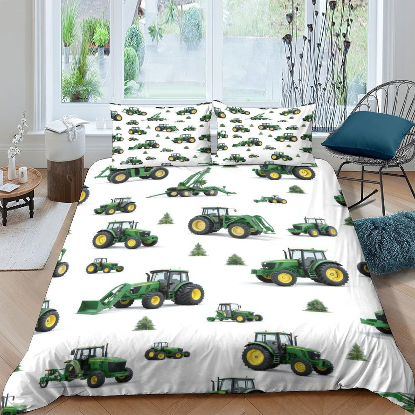 GPLZQXKJNH 3D Printed Green Tractor Duvet Cover Microfiber Soft Farm Vehicle Bedding Set with 2 Pillowcases for Bedroom Decor Single（135x200cm）