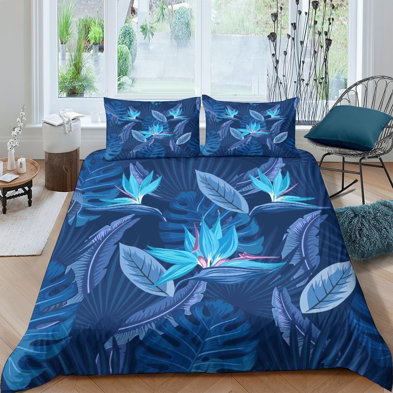 Ctjqhvkz Style-8 3D Printed Blue Tropical Leaf Fitted Sheet Microfiber Soft Breathable Bird Of Paradise Mattress Cover Home Decor Single（135X200cm）