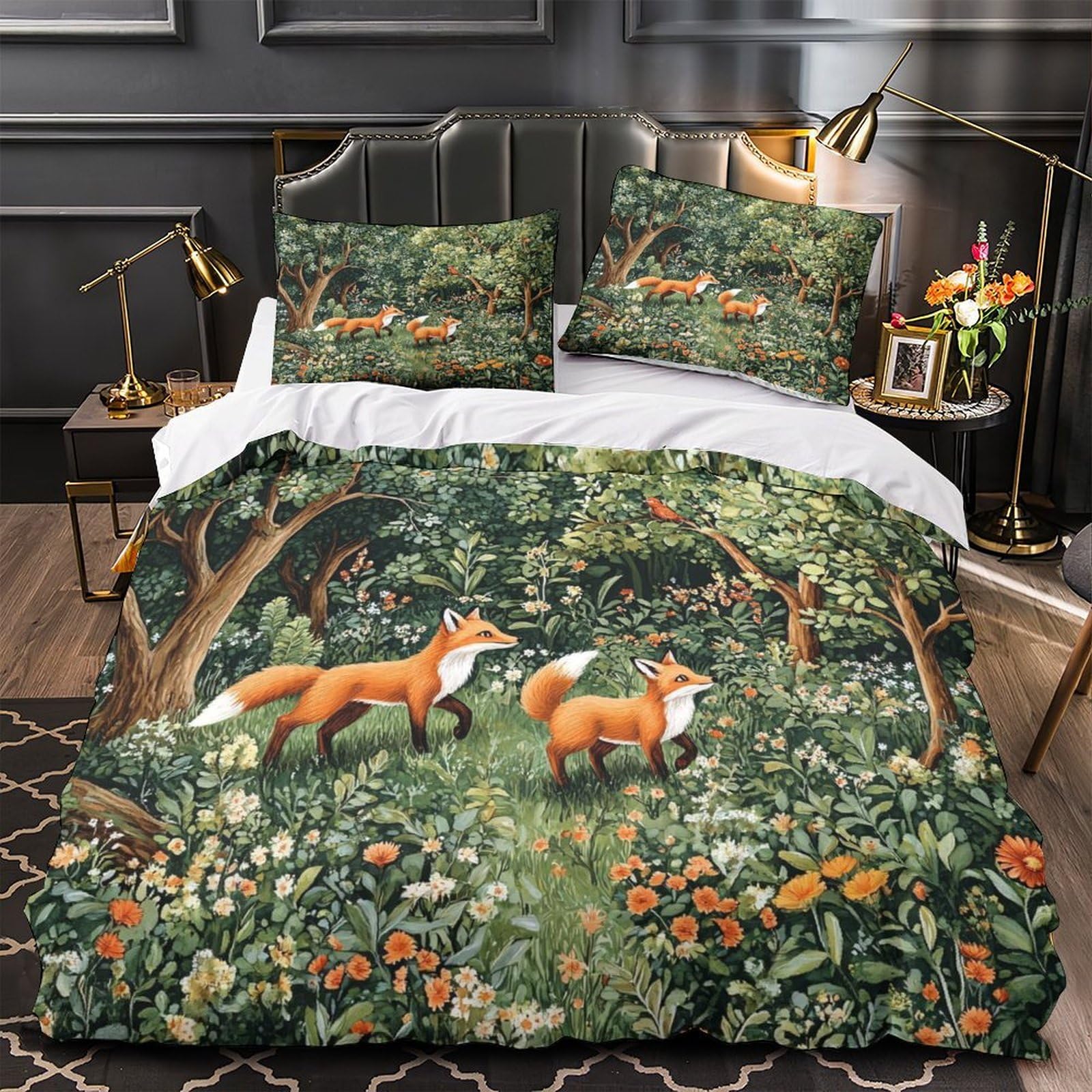 Housse de couette hypoallergénique microfibre respirante 220x240 parure de lit imprimé renard 3D