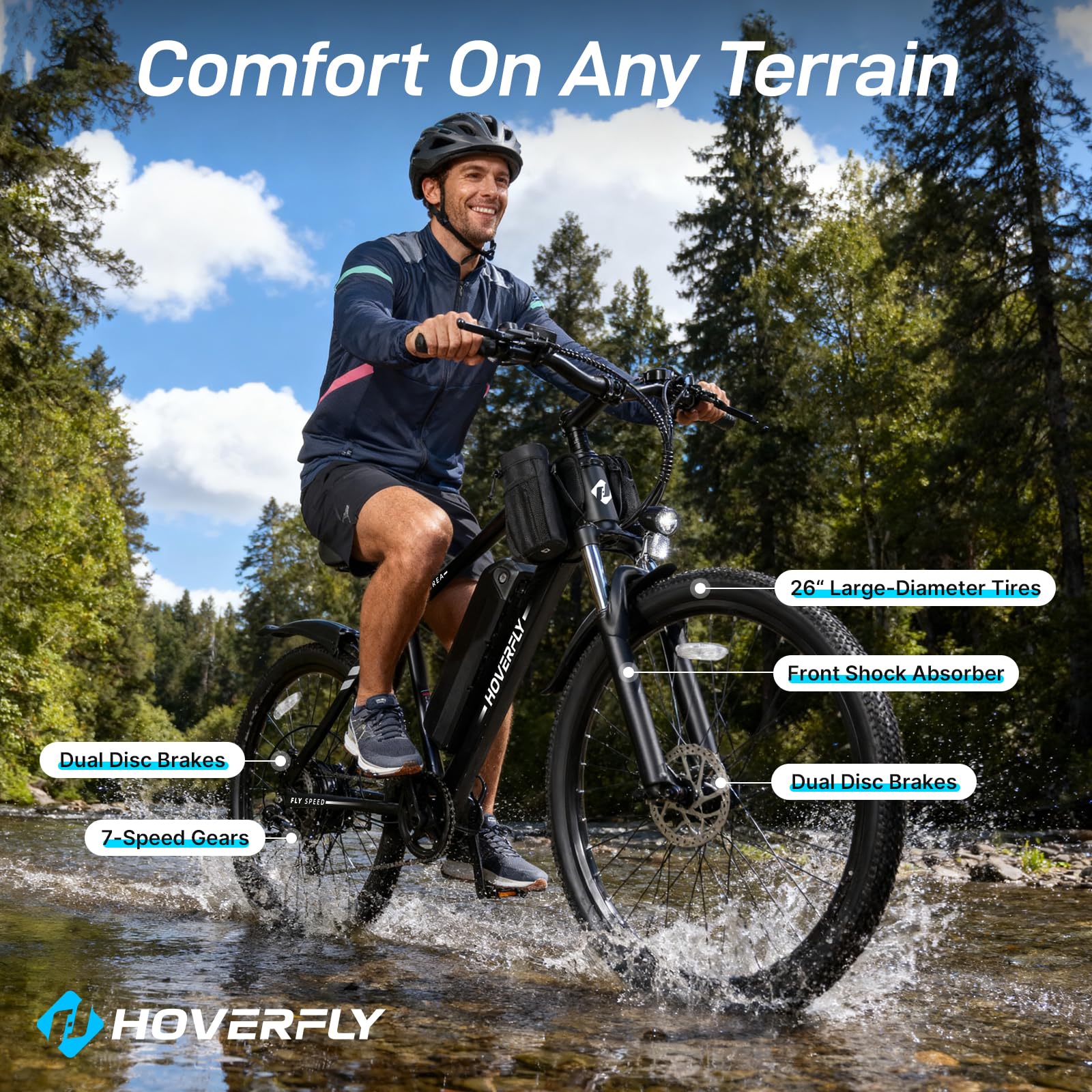 HOVERFLY OUREA 26" Electric Bike for Adults, 750W Peak Motor Mountain Ebike, 20MPH Up to 40 Miles, UL2849 Certified, 7-Speed, Removable Battery, Shock Absorber, Fat Tire Commuter E-Bike