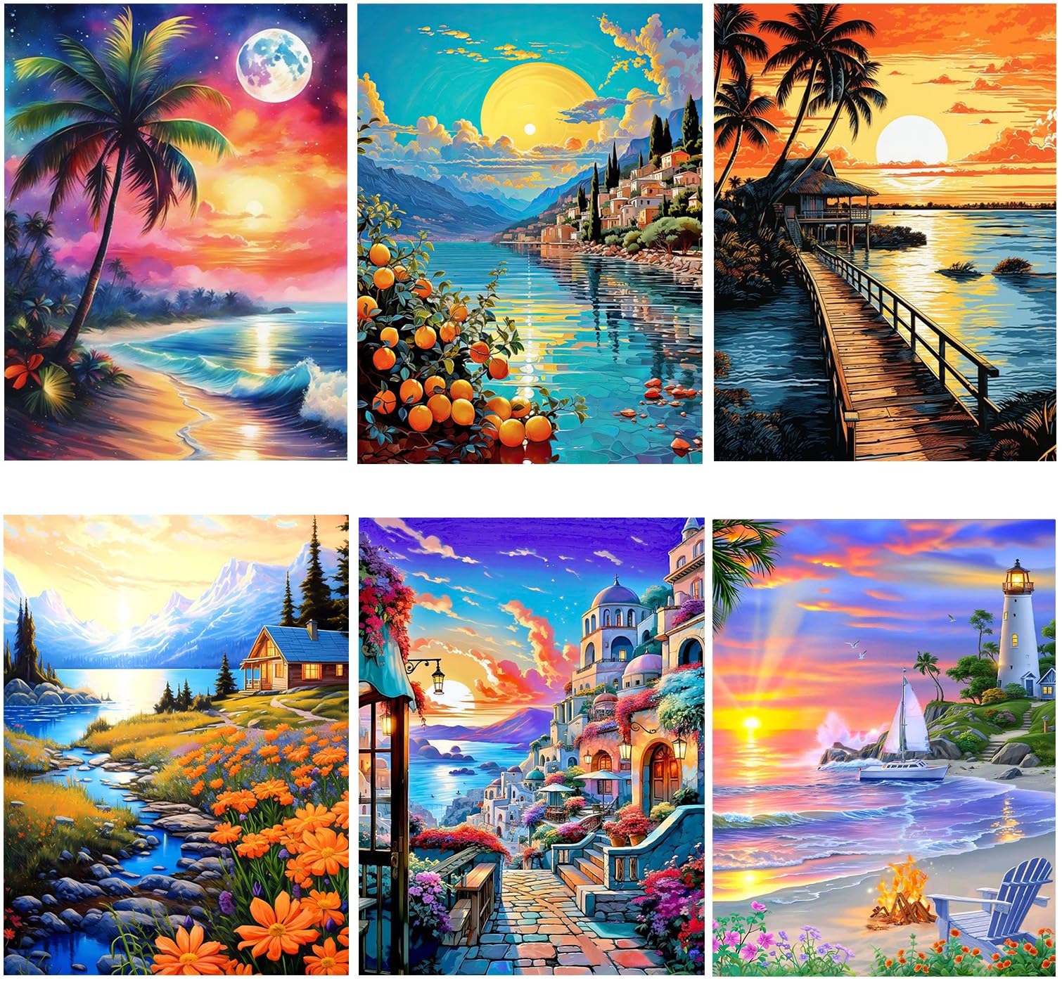 WHATWEARS 6 Pack 5D Diamond Art Kits for Adults, 5D Diamond Painting Kits Scenery, Full Drill Crystal Art Painting Kits for Home Wall Decor, 11.8" x 15.7", Without Frame