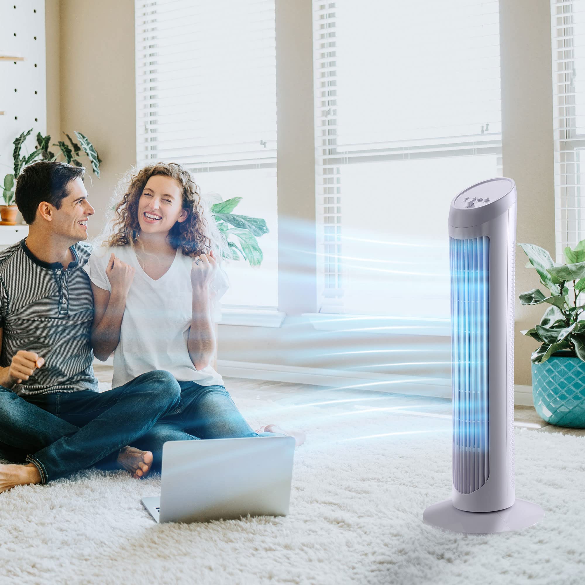 HOMCOM Ventilateur colonne silencieux et puissant 45W ventilateur tour 3 vitesses et oscillant 70°, pour chambre, bureau, 27 x 27 x 75 cm, blanc