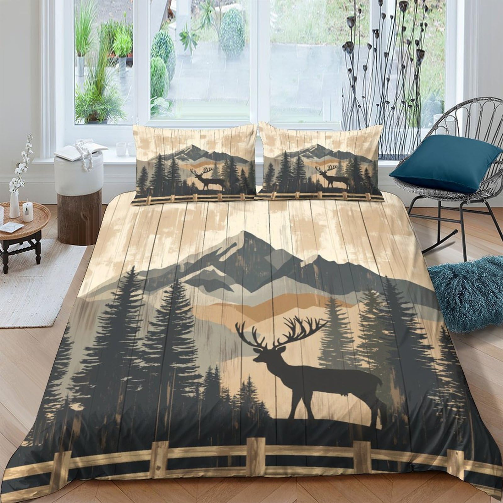 Ctjqhvkz Style-8 3D Printed Deer Forest Fitted Sheet Microfiber Soft Mountain Landscape Bed Cover For Bedroom Guestroom Decor Single（135X200cm）