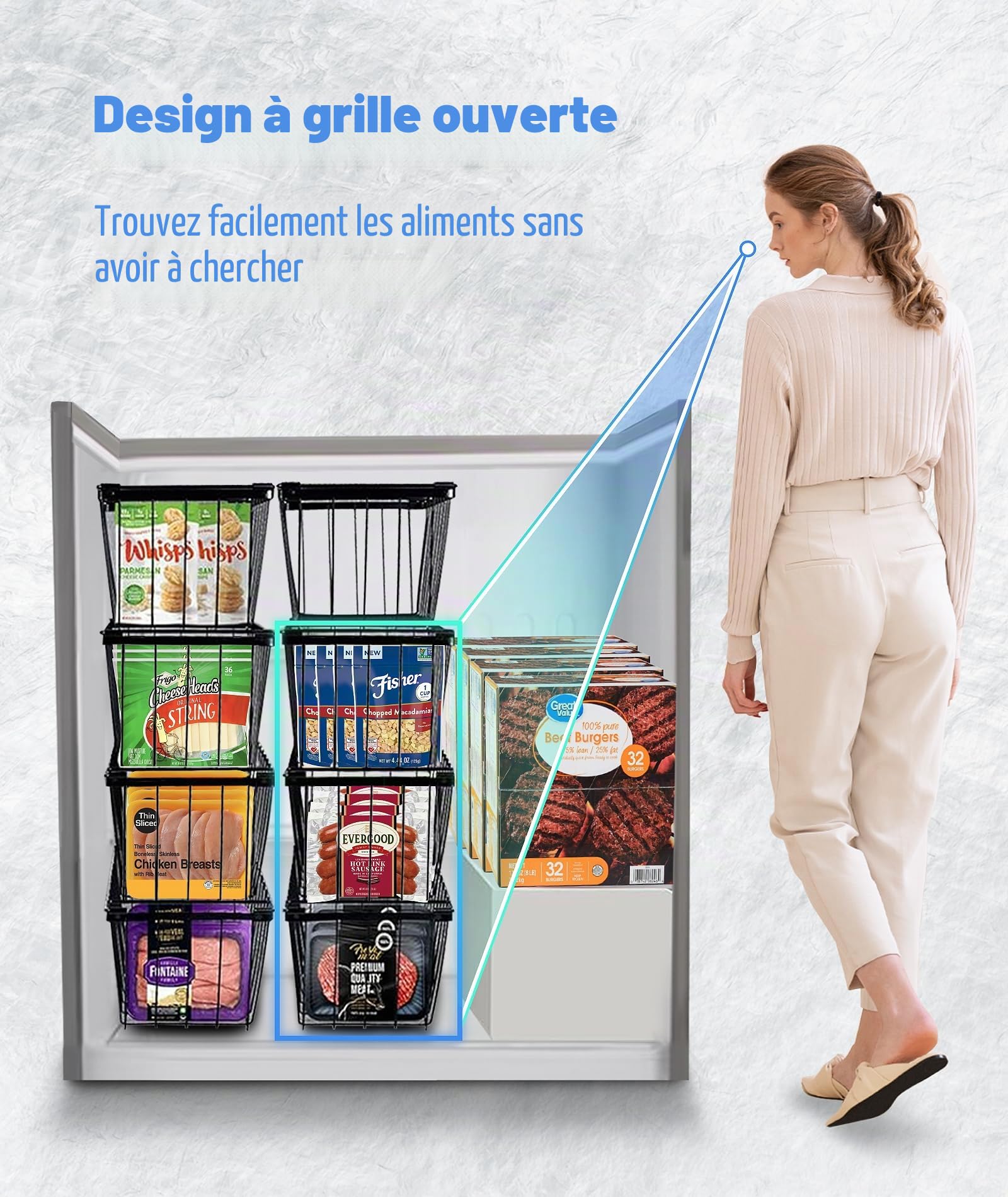 Lot De 4 Panier Congelateur Coffre, MéTal Rangement Congelateur Empilable Panier Congelateur Avec PoignéEs Et Fond AntidéRapant Noiradapté Pour RéFrigéRateur Armoire Cuisine 37,3 x 18 x 15,6 Cm (4)