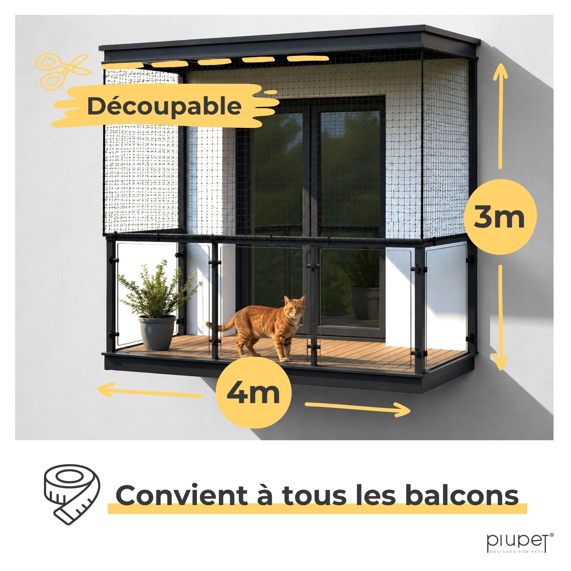 PiuPet® Filet pour Chat I 4x3m I Filet renforcé I avec Corde de Fixation I Protection Balcon Chat | Protection Chat Balcon | Grillage Fenetre Chat