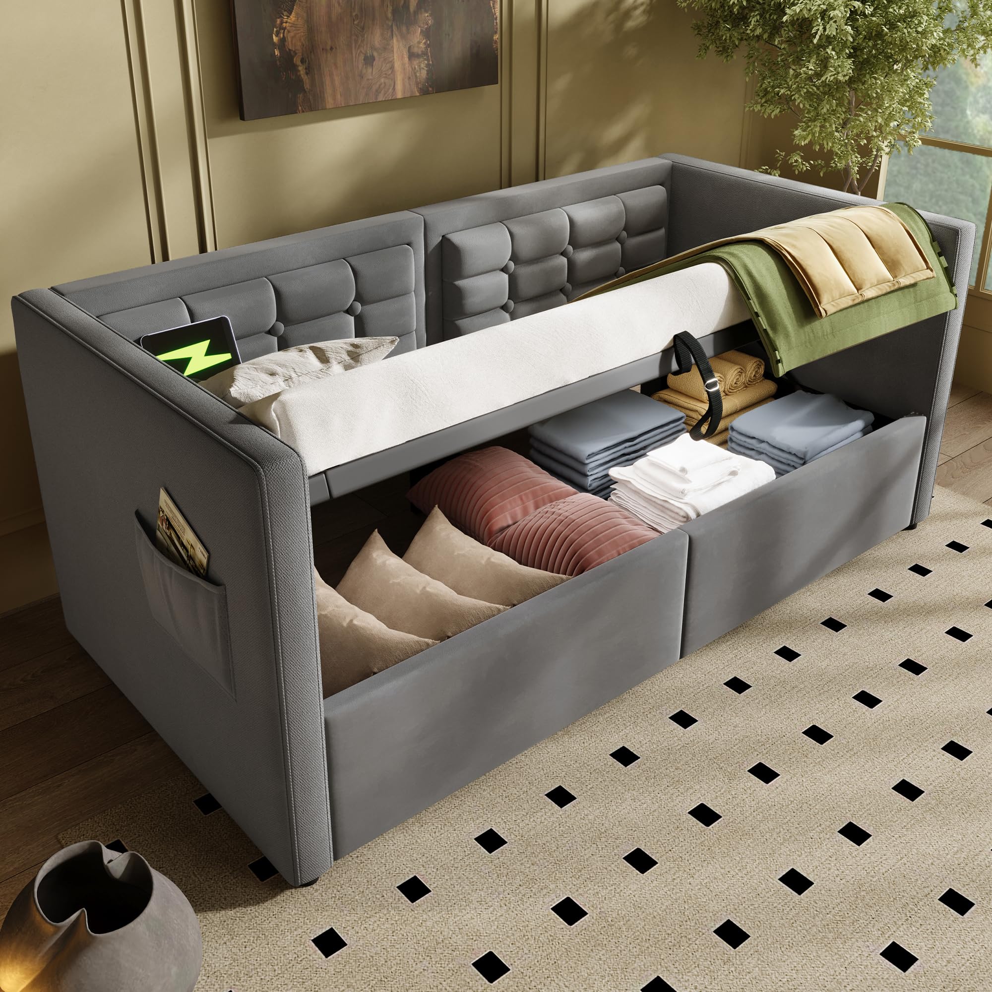 Schlafsofa Tagesbett 90x200 cm mit Aufbewahrungstasche und USB-Typ-C, Hydraulisches Bett mit Stauraum, Einzelbett Sofabett Bettgestell mit Lattenrost, Samt, Grau, Ohne Matratze