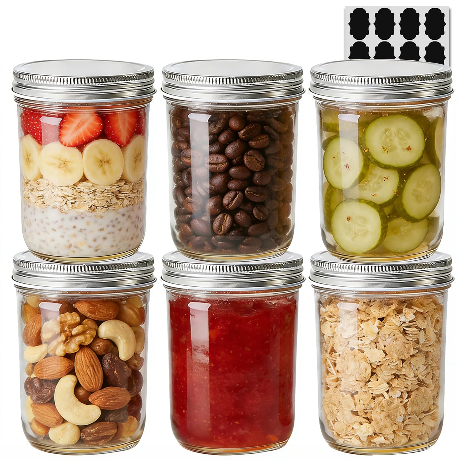 ComSaf Mason Jars with Lids 480ml/16oz 6 Pack, Airtight Glass Jars with Lids, Canning Jars for Pickling Jam Chutney, Overnight Oats Jar for Breakfast & Salad, Glass Container for Dry Food Storage