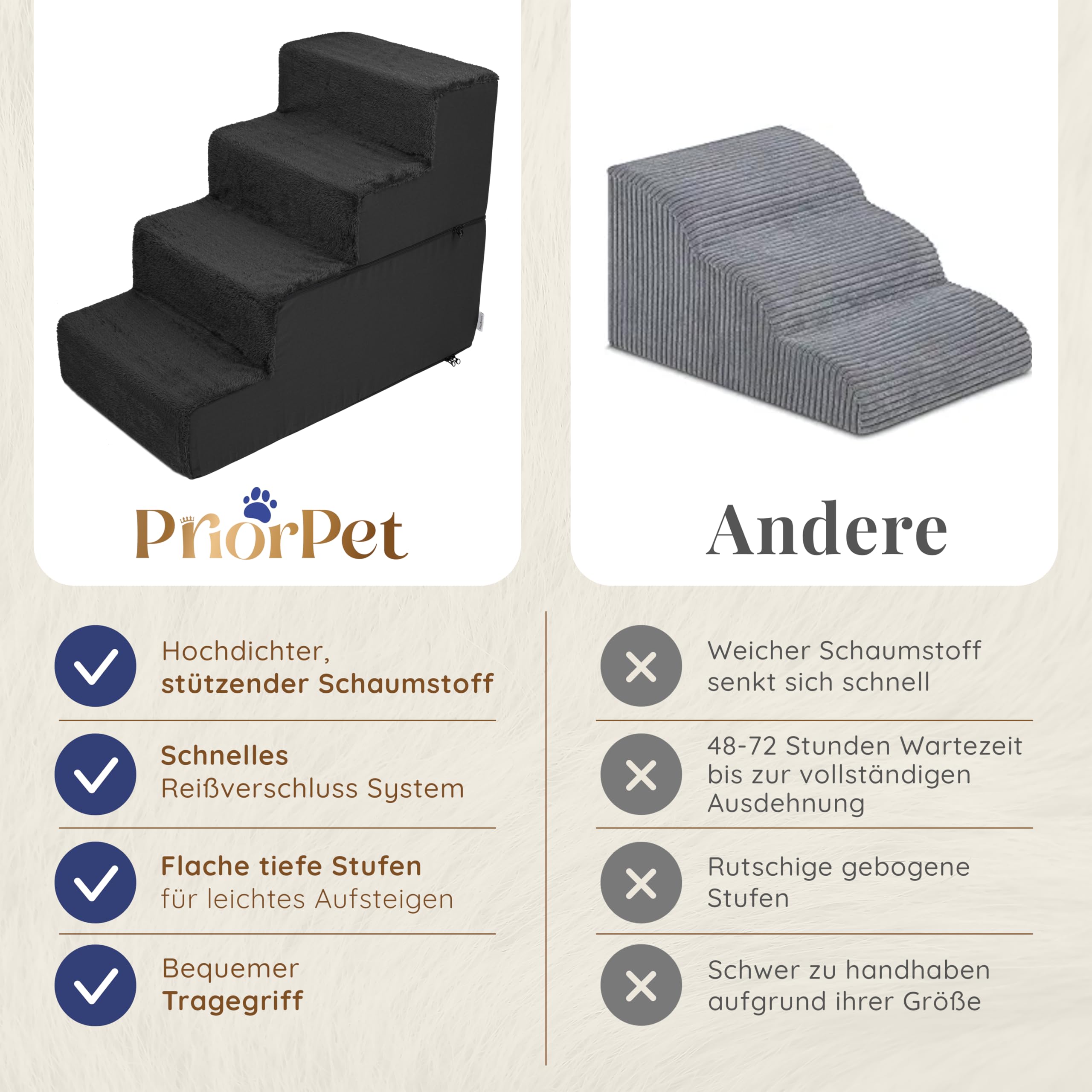 Hundetreppe für Bett und Sofa - 4 Stufen Hunderampe 58cm Hoch - Schaumstoff für Kleine Hunde - Sichere und Stabile Haustiertreppe - Abnehmbarer Waschbarer Bezug - Schwarz
