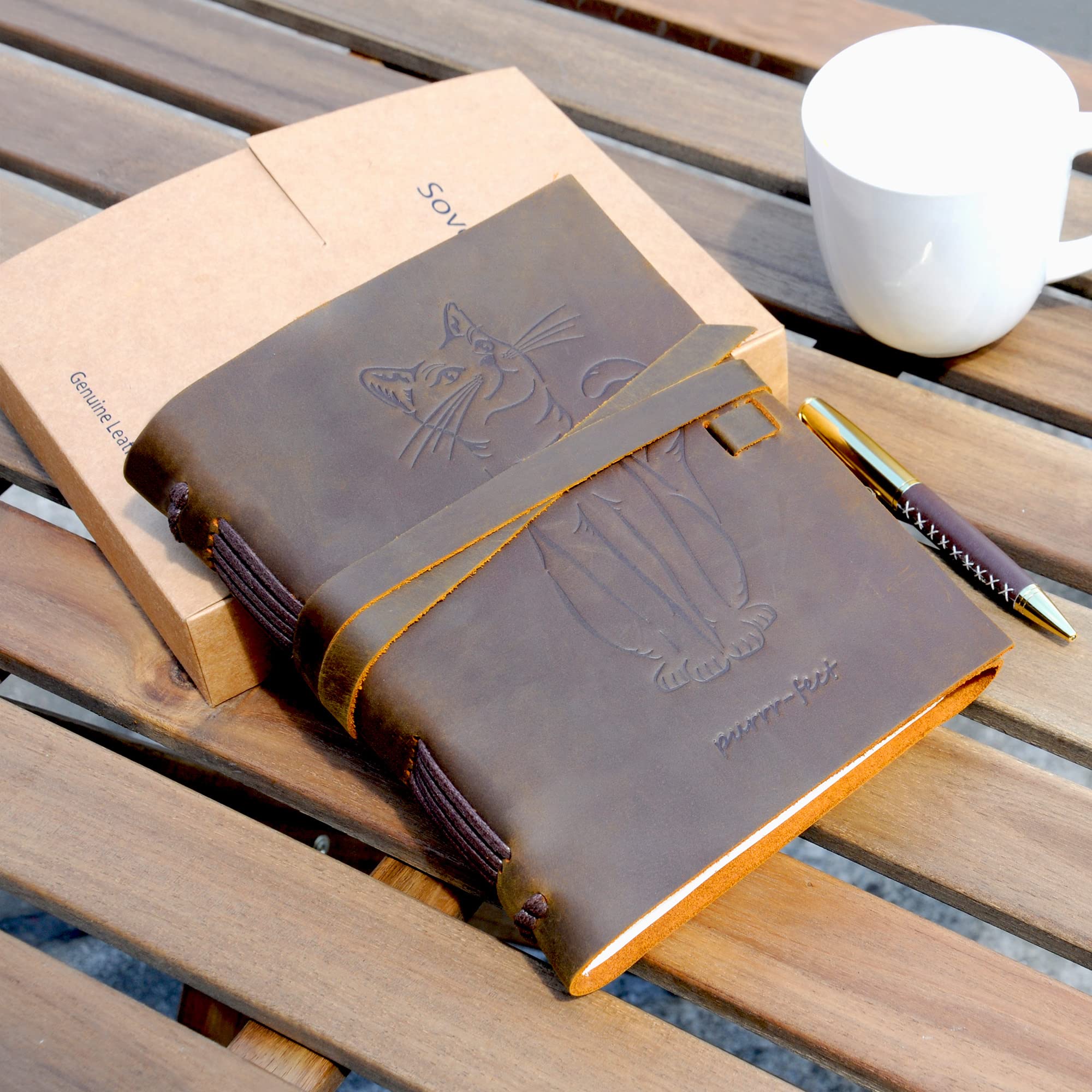 Sovereign-Gear Quaderno Appunti in Pelle Gatti – A5 Diario di Viaggio Taccuino Pelle Donna e Uomo Fatto a Mano – Agenda Pelle con Fogli Bianchi – 21 x 15 cm (8" x 6") – Idee per Regali Originali