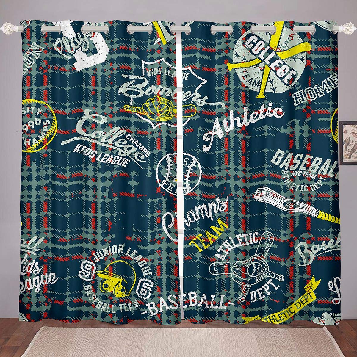 Homemissing Baseball Print Window Treatments Sports Theme Window Drapes Baseball Games Curtain For Kids Adults Buffalo Check Window Curtain Ultra Soft Athlete Competitive Decor W66*L90 — image 1