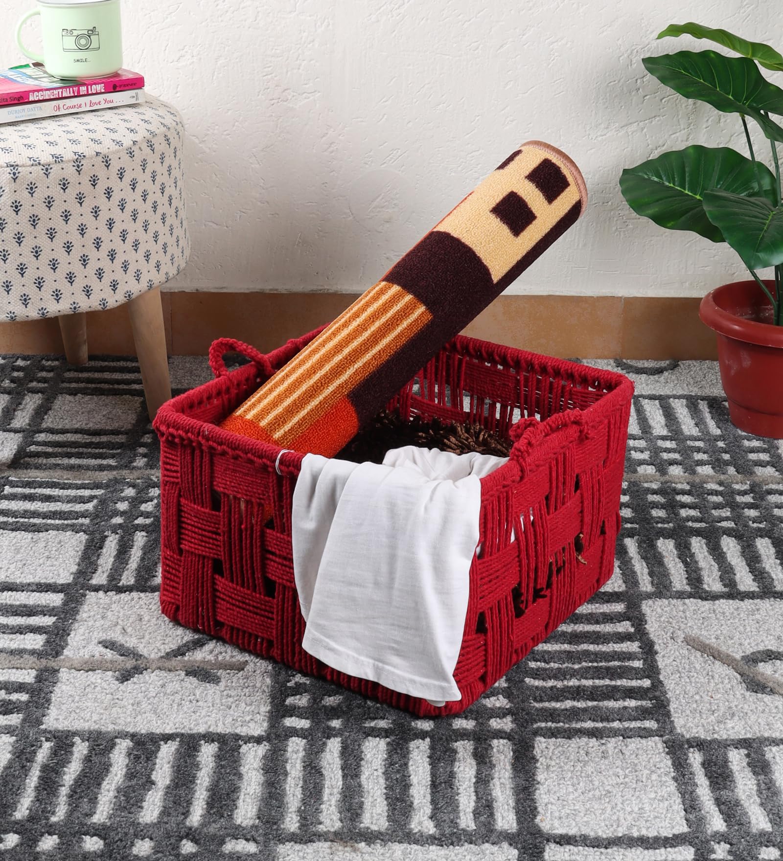 The Tickle Toe Cotton Rope Storage Basket | Multipurpose Bin for Living Room, Bedroom, Kids Room, Laundry & Nursery | Ideal for Toys, Laundry & Blankets | Red | 29L x 29W x 17H cm