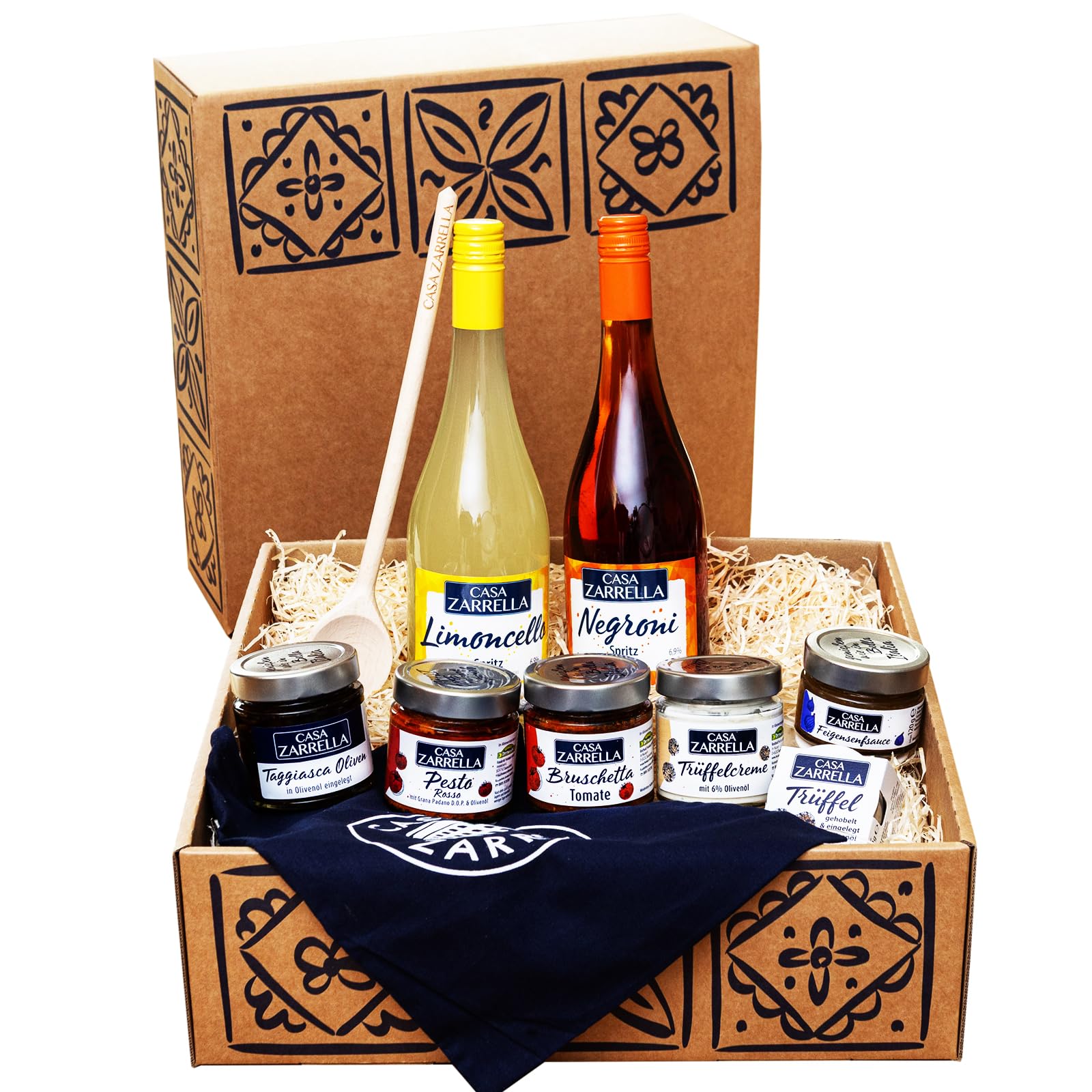 Casa Zarrella Romantik-Box für Genießer mit Alkohol – Romantische Antipasti Geschenkbox mit 6 italienischen Spezialitäten & 2 Aperitif-Drinks