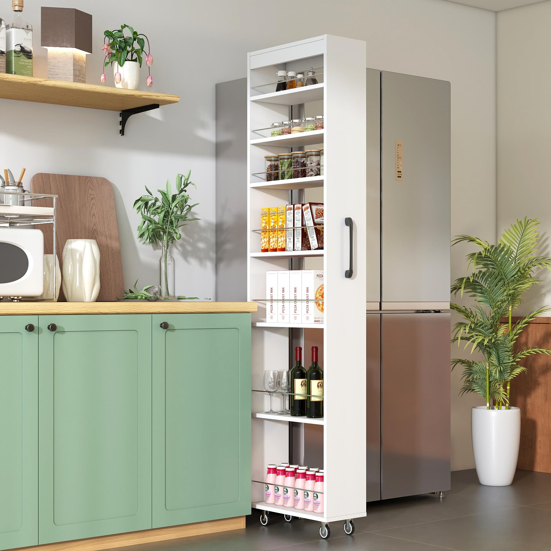 Carrello portaoggetti sottile a 7 ripiani con ruote, ideale per spazi ristretti, organizer in legno con ripiani aperti, perfetto posizionare accanto al frigorifero o alla lavatrice, design salvaspazio