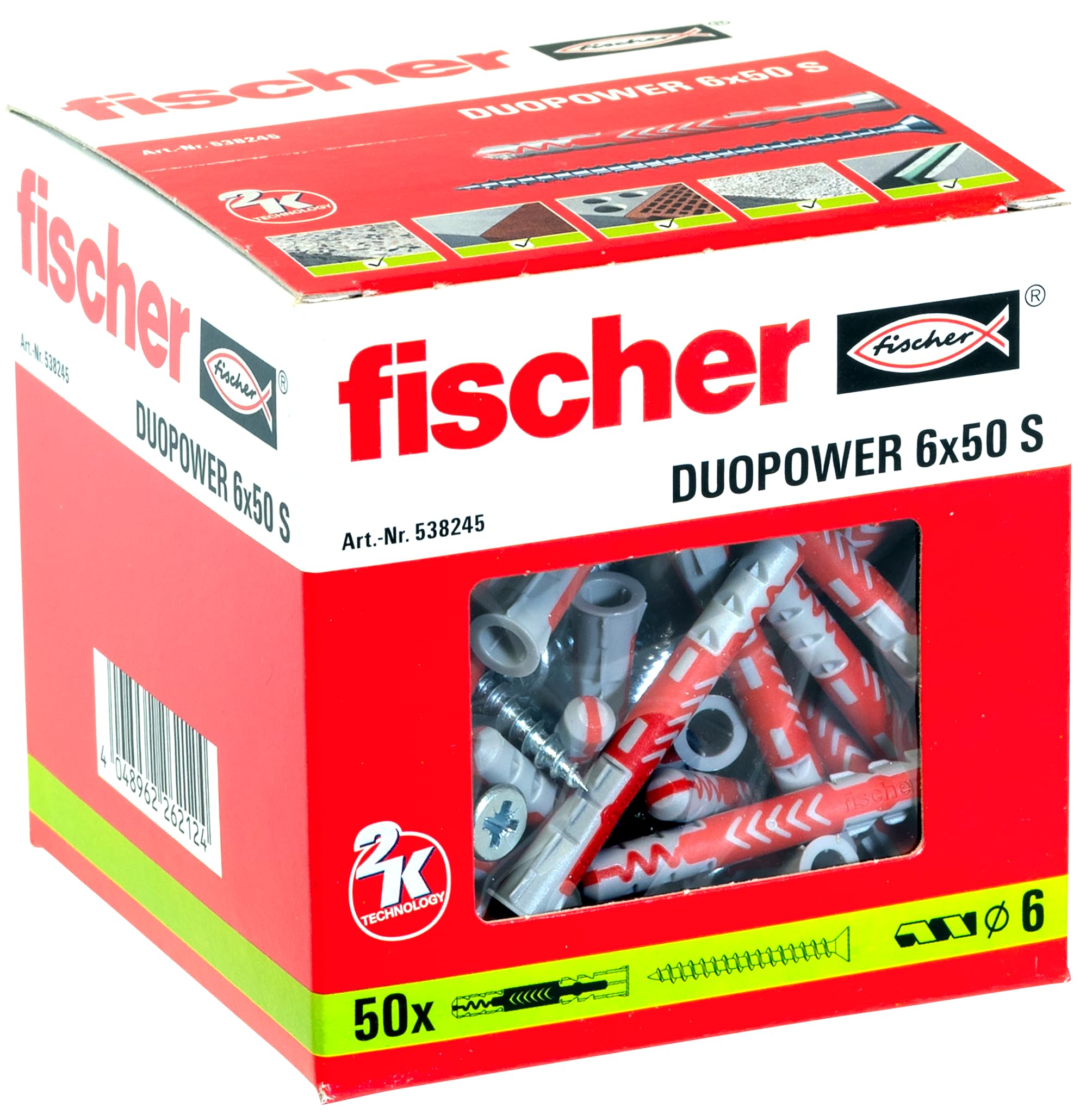 (6X50 Box Of 50 - 538245) Fischer Duopower S Wall Plugs + Screws 4048962262124