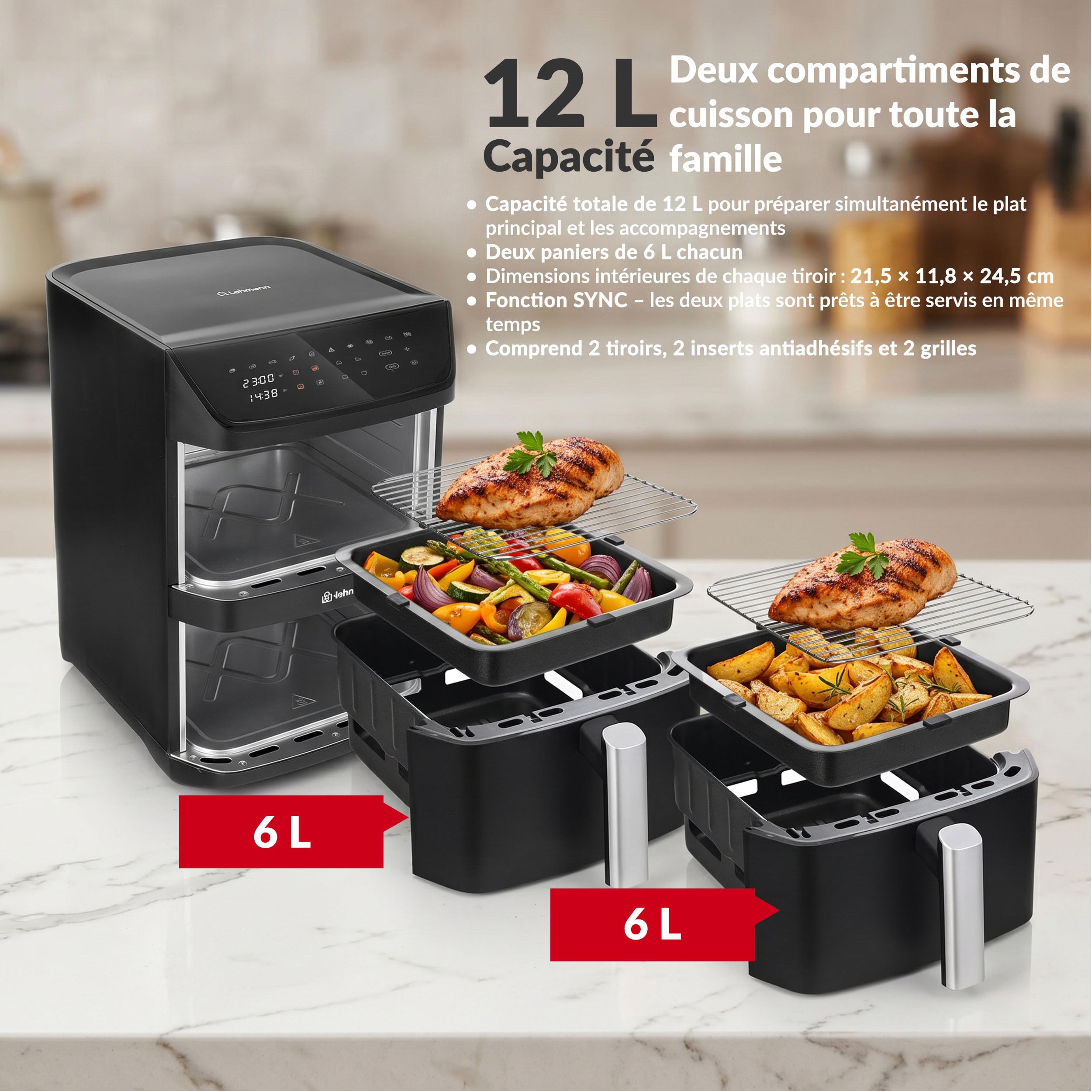 LEHMANN Double Zone Air Fryer XXL 12L, Friteuse sans Huile Verticale à Double Tiroir, 10 Programmes, 40-230°C, Écran Tactile, Revêtement Antiadhésif, pour Grande Famille, 2800 W