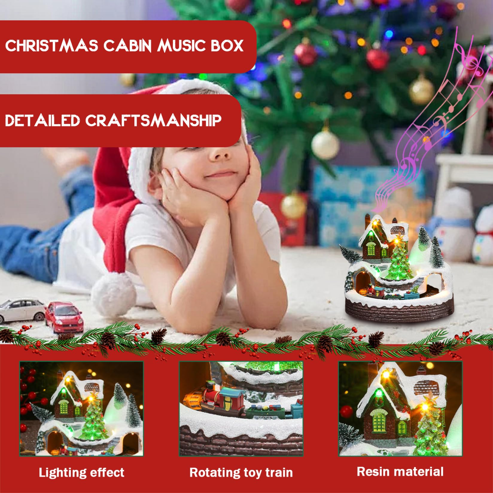 Figuras de Pueblo navideño con Tren Giratorio y árbol de Navidad Casa de Pueblo navideño de Resina con música y luz LED para decoración del hogar de Fiesta