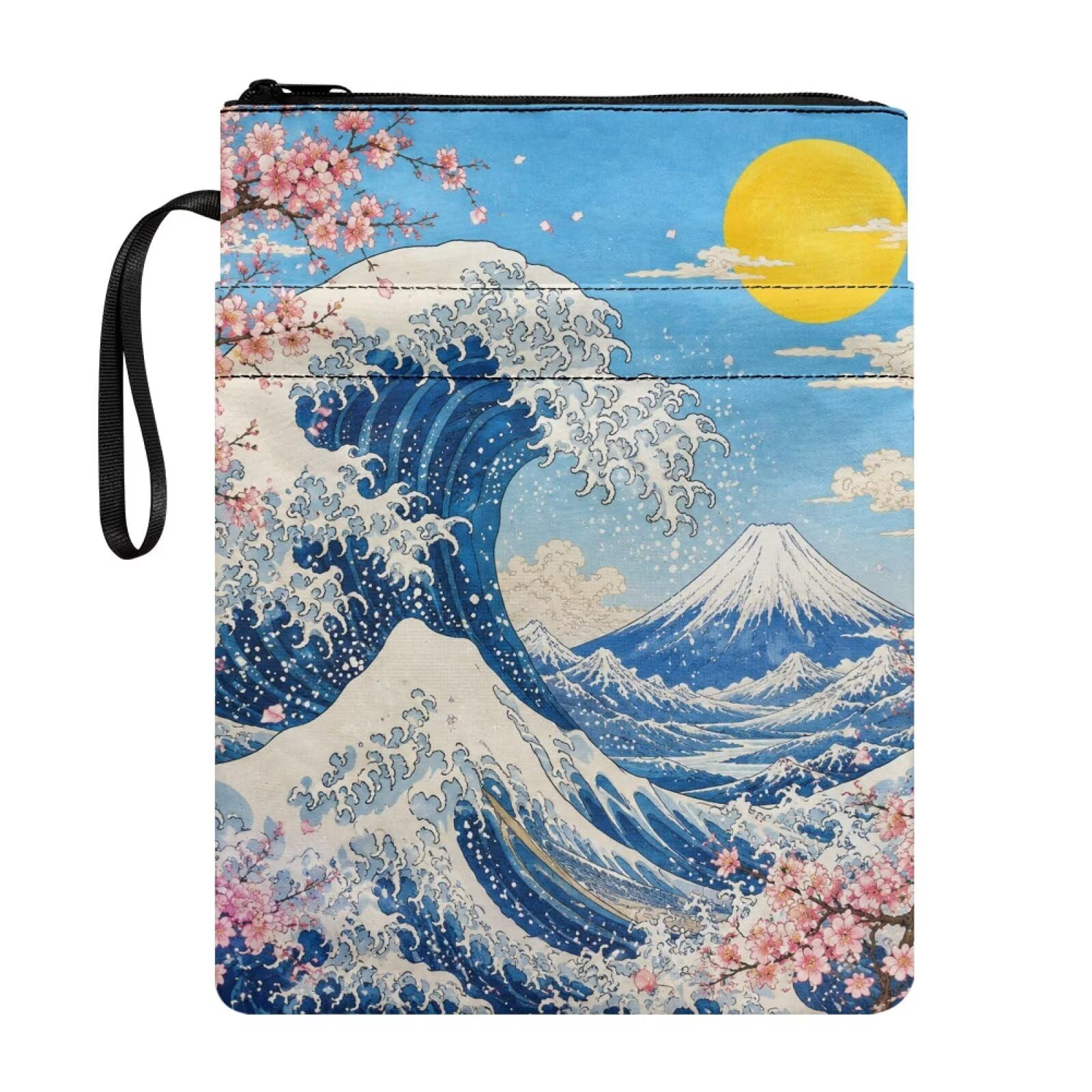Poceacles Book Sleeve Book Covers for Paperbacks Textbook Hardcover Pouch Protector with Zipper Traditional Japanese Aesthetic Printed Reading Accessory, Japanese Sea Wave Snow Mountain Print — image 1