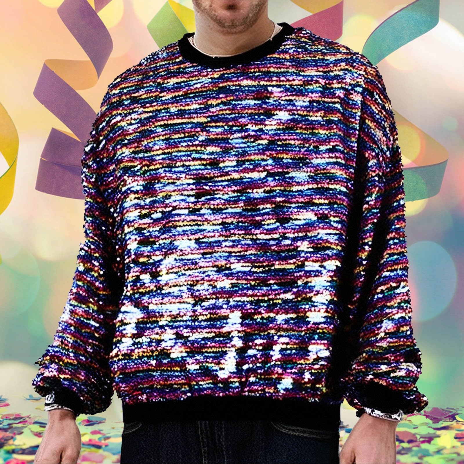 Generisch Sudadera reversible con purpurina con cuello redondo, suéter de fiesta para festivales, camiseta informal de manga larga, prenda llamativa