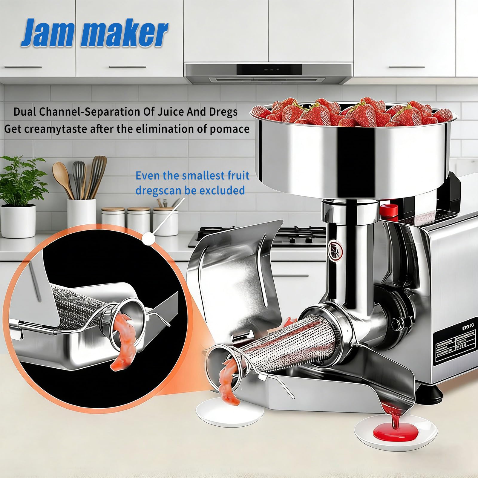 Frantoio elettrico per pomodori e marmellata, in acciaio inox da 450 W, con grande scivolo da 21,6 cm per macinare pomodoro, fragola, salsa di mirtilli
