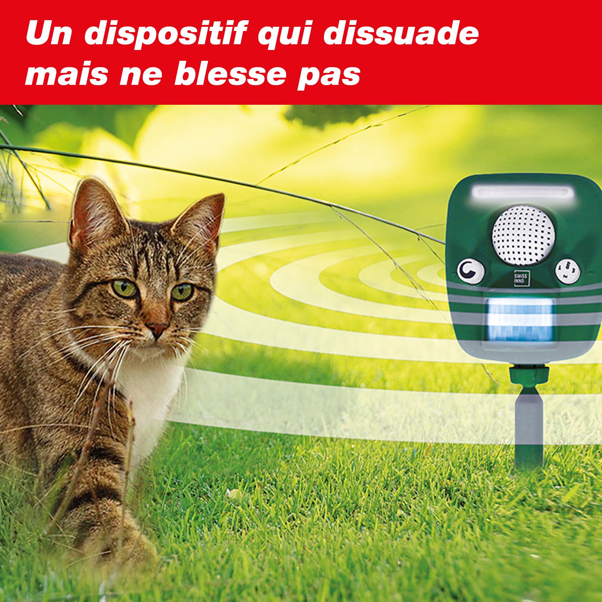 SWISSINNO Répulsif Chat Ultrason Animaux Pro Solaire 150 m² extérieur | Panneau Solaire, Répulsif Ultrasons Animaux, Chiens martres renards, flash LED, sirène, jour et nuit, electrique