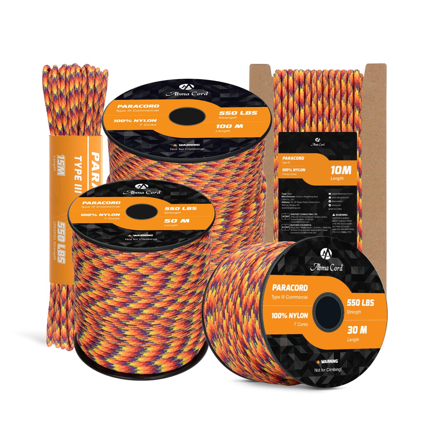 Abma Cord Paracord 550 4mm 10m 100% Nylon Rope Type III 7 Strands Parachute Cord for DIY, Camping, Survival, Outdoor - Max. 250kg - Phoenix Sunrise