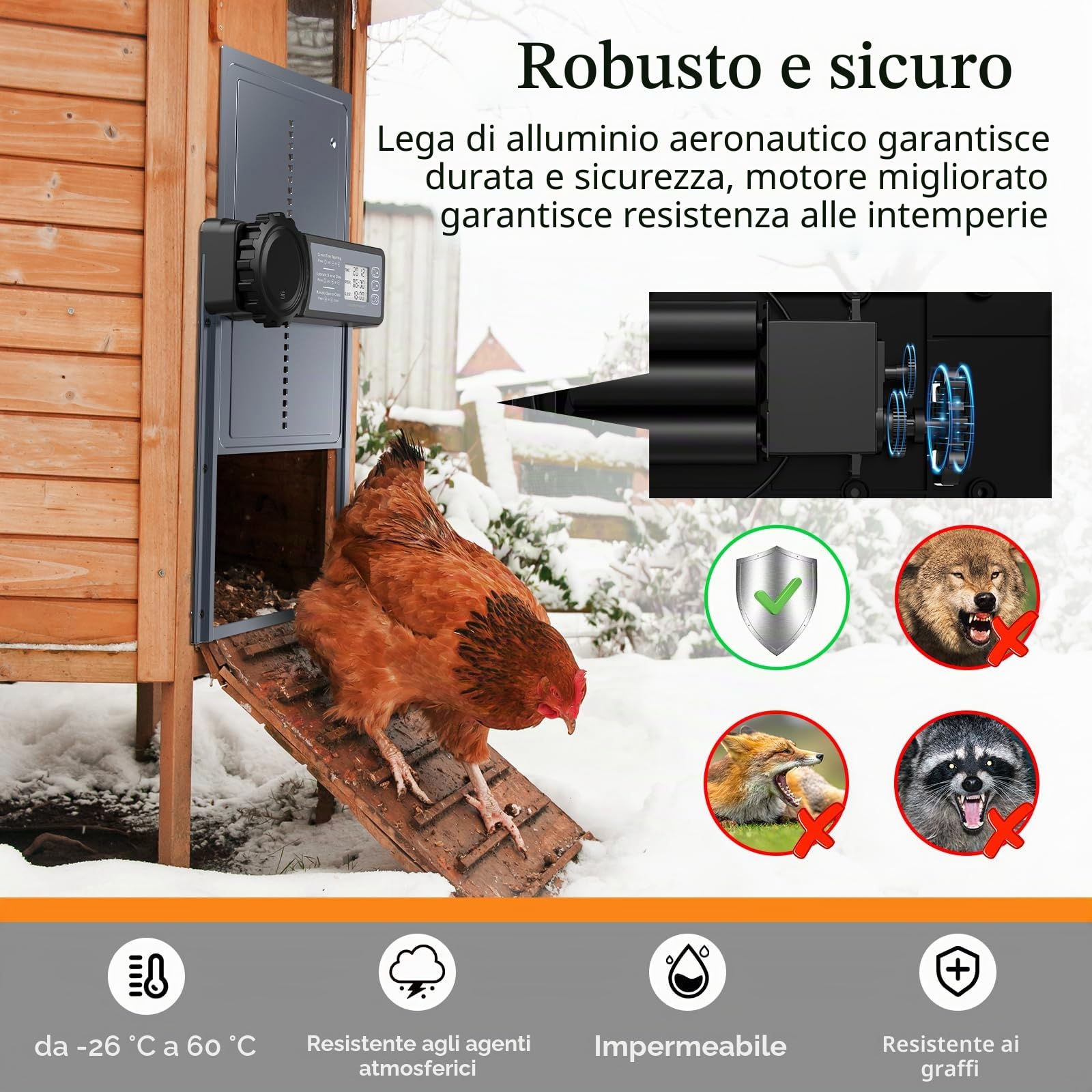 Porta Pollaio Automatico con Display LCD Programmabile Impermeabile Porta Automatica Pollaio In Lega di Alluminio Alimentato a Batteria Controllo Timer Funzione Anti-Pizzico