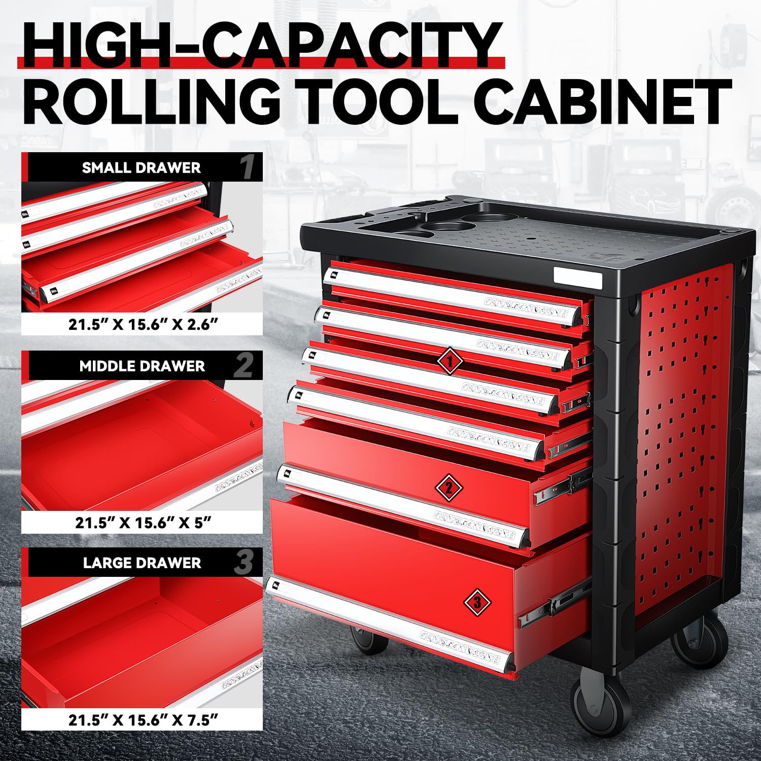 Auto Dynasty Universal Red 6 Drawer Plastic Top Tray Powder-Coated Steel Roller Cabinet for Garage Warehouse Home Office Workshop Repair Tools