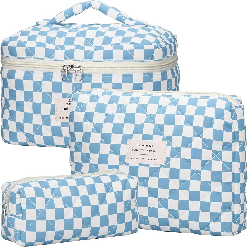 TESAFNG Conjunto de 3 necessaires de maquiagem em algodão matelassado, estampa floral quadriculada azul