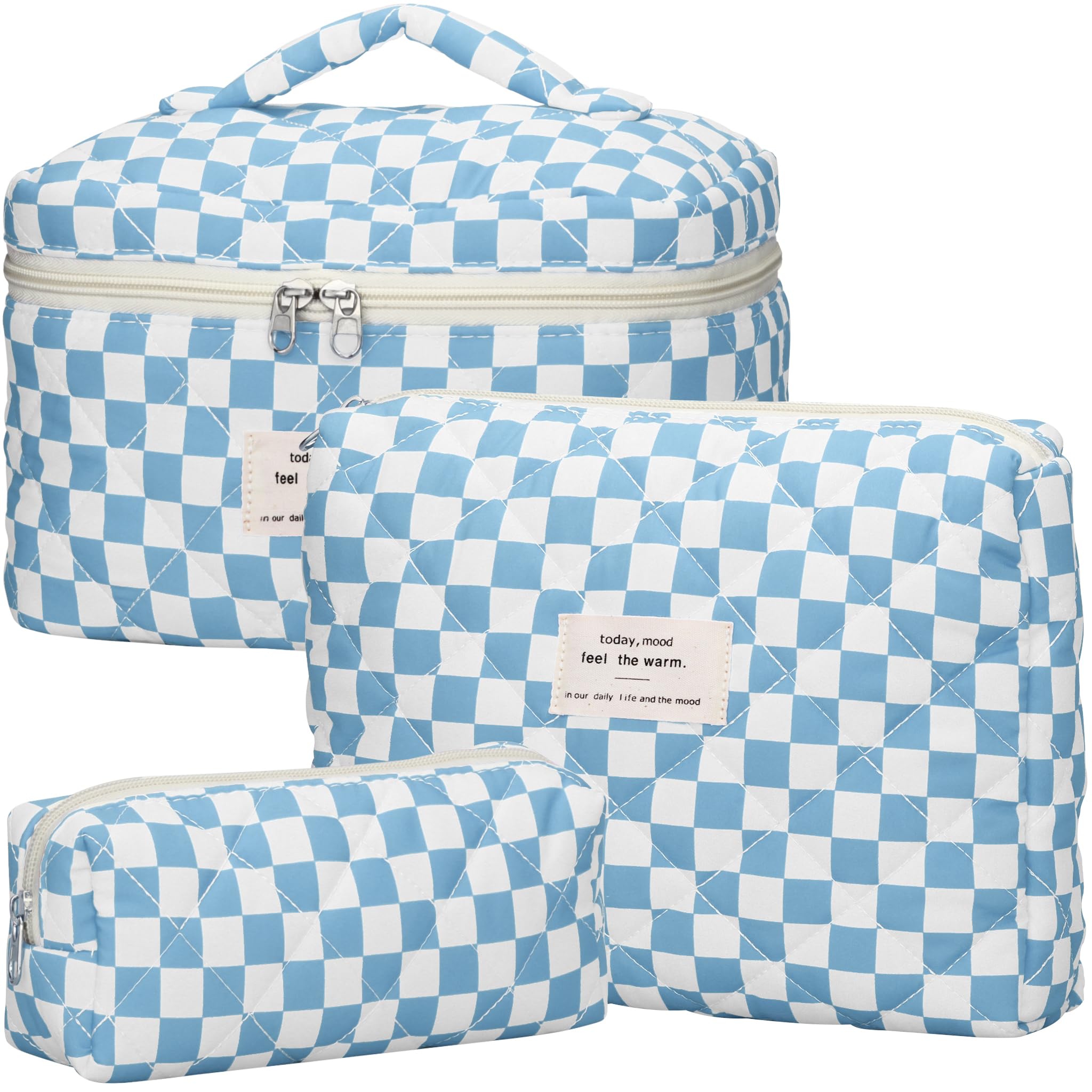 TESAFNG Juego de 3 bolsas de maquillaje acolchadas, bonitas bolsas de maquillaje de algodón floral, bolsa grande de cosméticos estética, bolsa organizadora de artículos de aseo de viaje con flores
