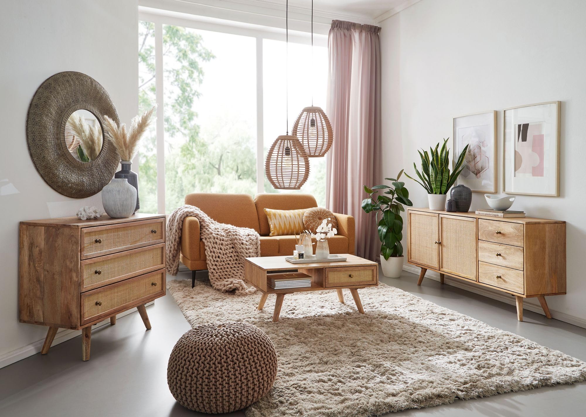 FineBuy Mesa de Centro 90x40x45 cm Mesa de salón de Madera Maciza de Mango Rectangular | Mesa de Madera con Espacio de Almacenamiento | Mesa de Centro con cajón | Mesa de salón Maciza