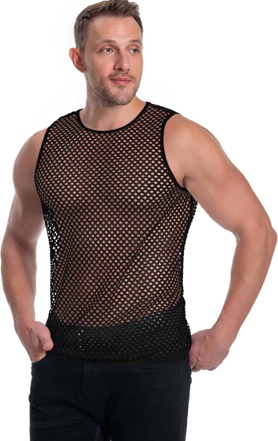 Men's Mesh Fishnet Muscle Top See Through Shirts Fitted Crew Neck Tee Clubwear - Image 5