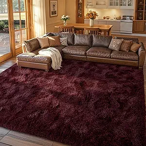 8x10 Area Rugs for Living Room Red Shag Fur Rug, Modern Non-Slip Soft Plush Carpets for Girls Woman Female Wedding Bedroom Home Décor Aesthetic Dark