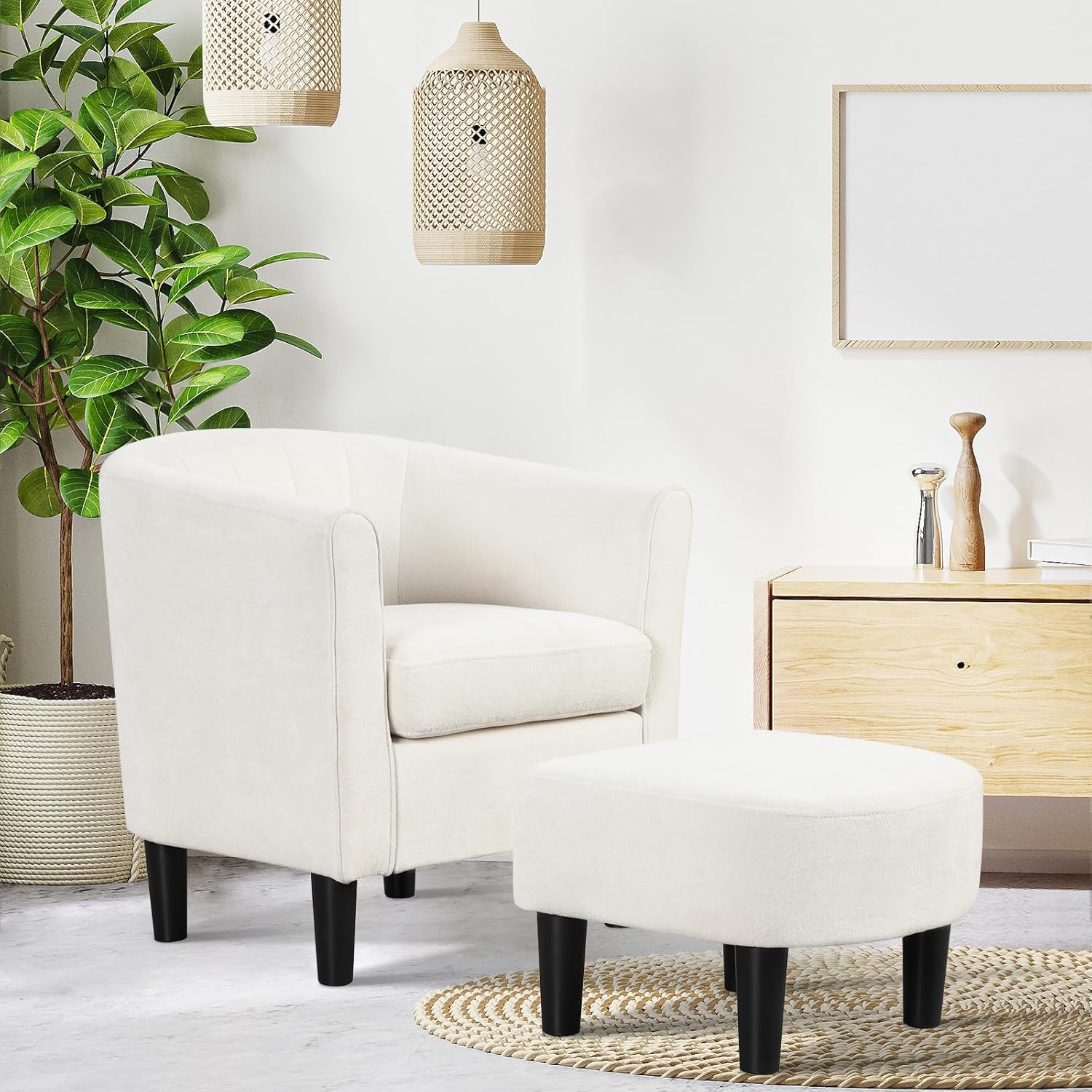 Accent Chair with Ottoman, Upholstered Velvet Club Barrel Reading Chair with Footrest Modern Comfy Round Barrel Chairs for Bedroom, Living Room, Small Reading Spaces (1, Beige)