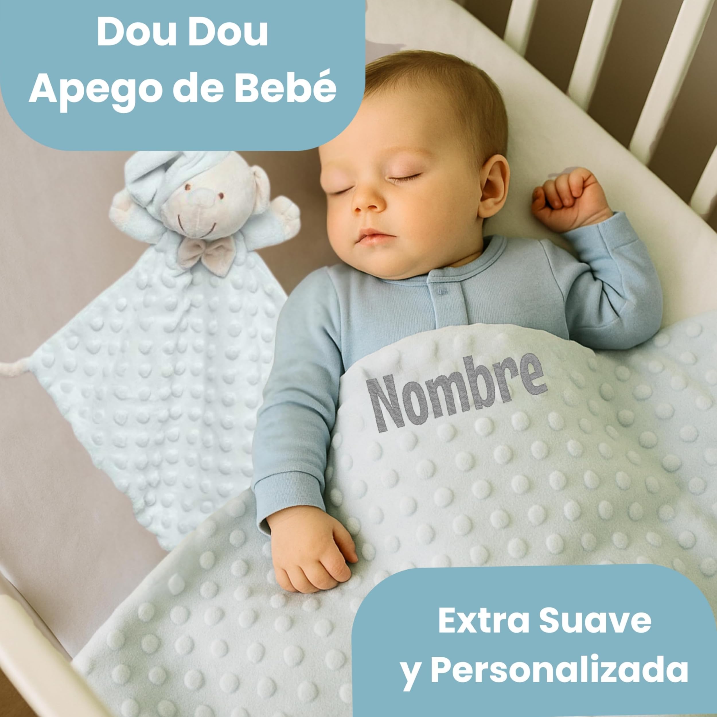 Canastilla Menta Deluxe, Manta Personalizada, Dou Dou, Muselina de Algodón, Chupete Grabado, Marco con Significado del Nombre y Set de Higiene, Regalo para Bebé Unisex