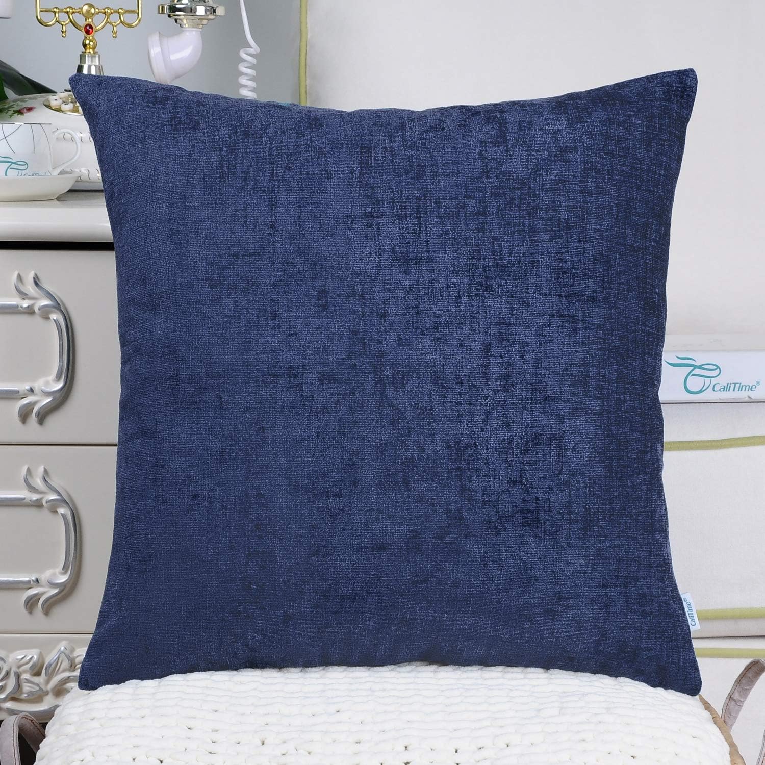 CaliTime Pack of 2 Cozy Throw Pillow Covers Cases for Couch Sofa Home Decoration Solid Dyed Soft Chenille 45cm X 45cm Navy Blue - Image 4