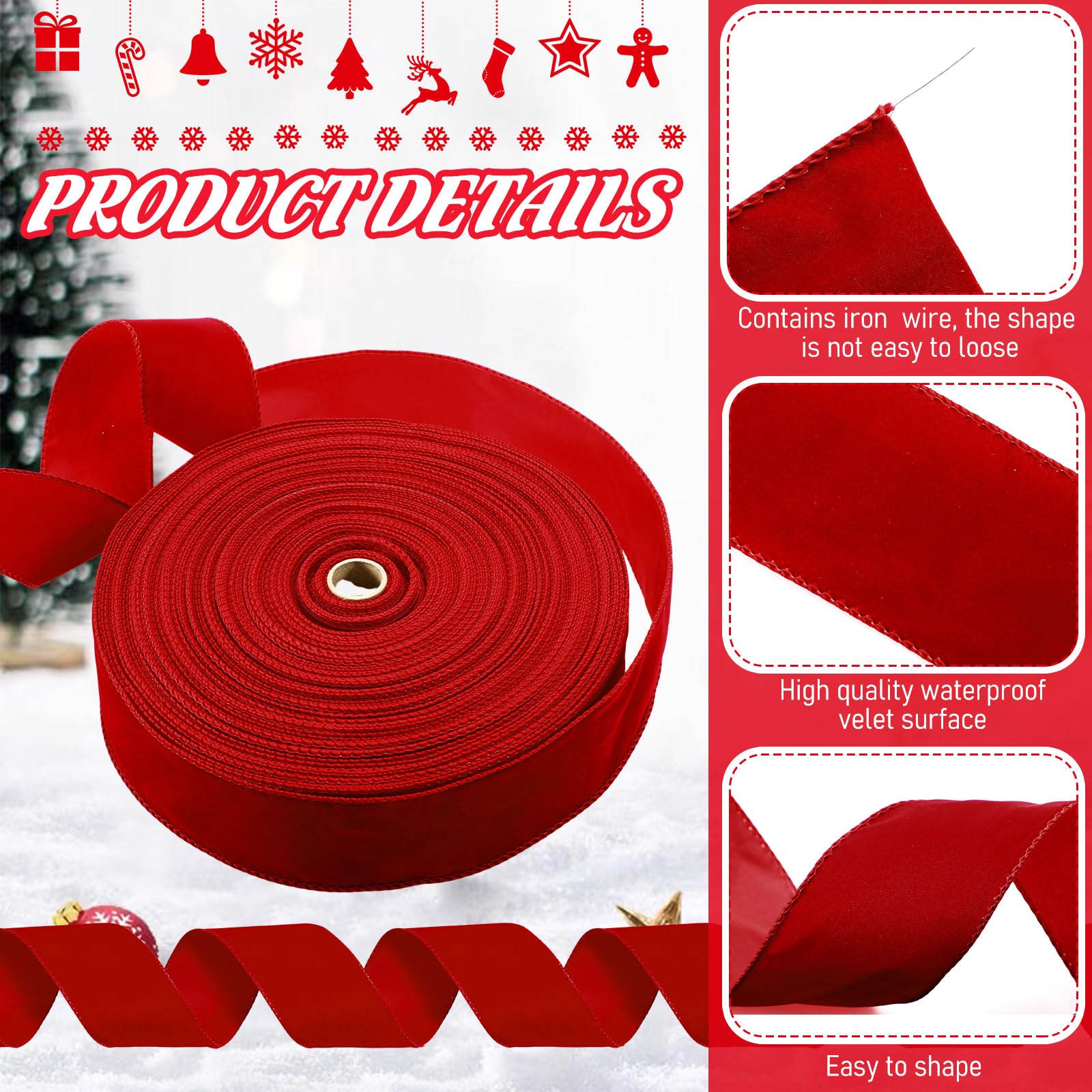 Syhood Ruban de velours de Noël avec bord doré imperméable pour décoration de couronne de Noël, nœuds, décorations florales (6,3 cm x 91,4 m, écarlate)