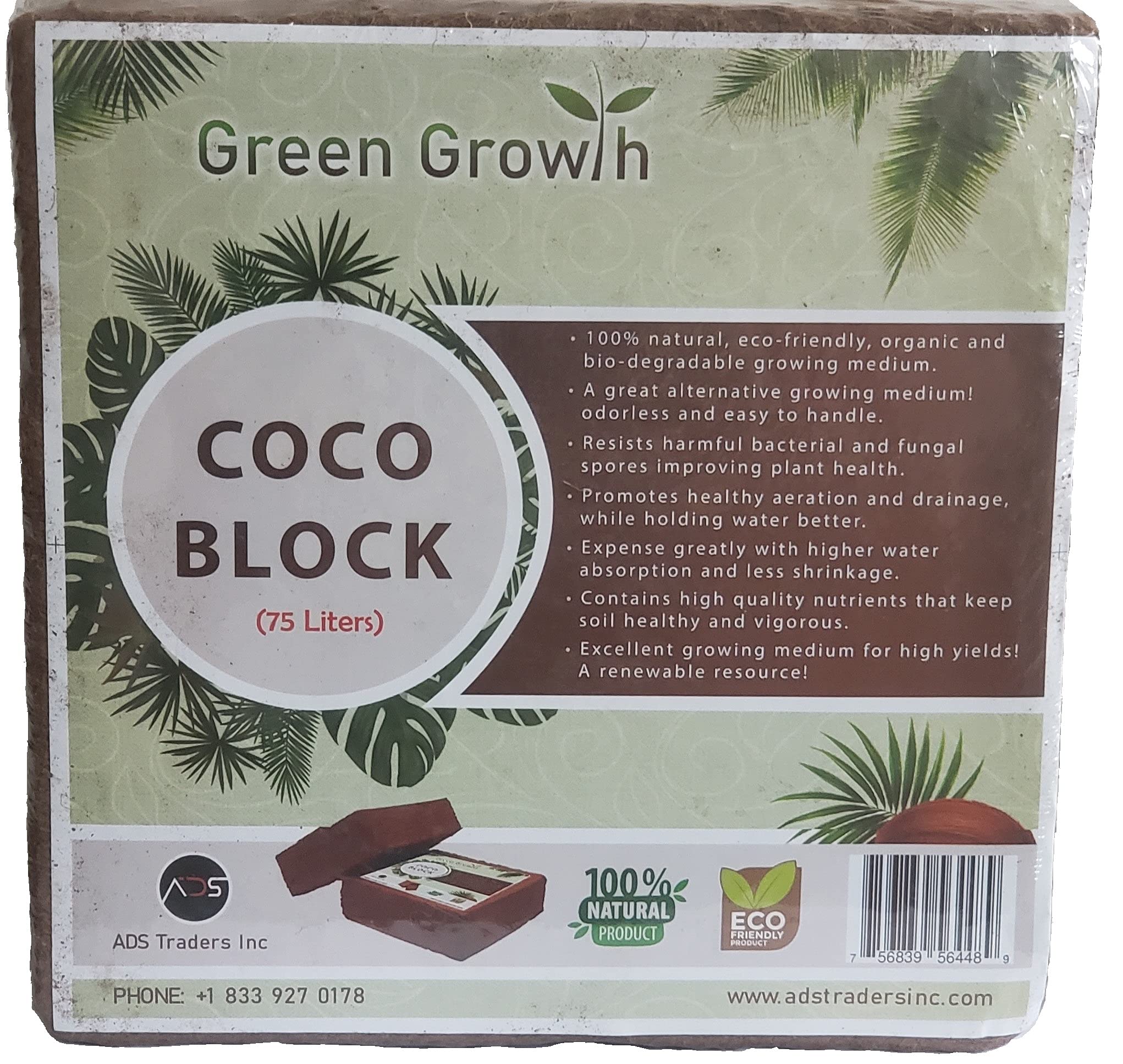 Adstraders Green Growth Coco Block - 75L, 5Kg Coco Coir Growing