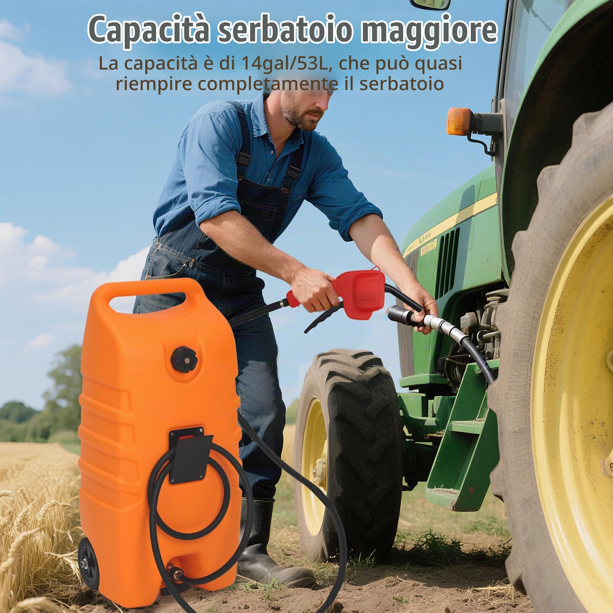 Serbatoio Carburante Portatile 53L Con Ruote, Pompa Sifone Manuale e Tubo 3 m, Per Auto, Barche, Tosaerba e Uso Agricolo, Robusto Design a Valigia, Arancione, senza cinghia