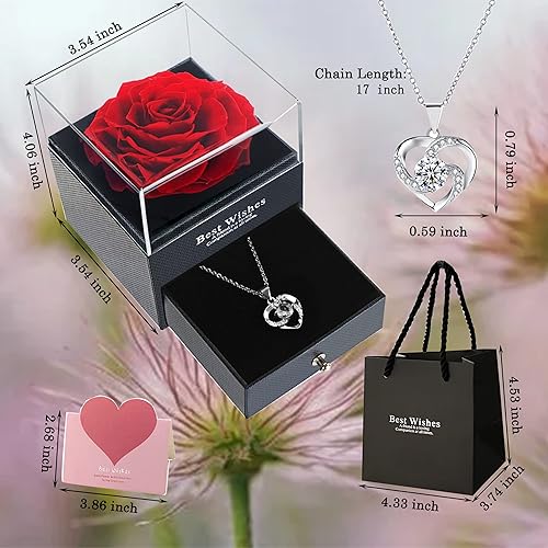 Miniatura 2 de Lafloraita Rosa real roja preservada con collar de corazón de cristal, regalos románticos, cajas de joyería con collar