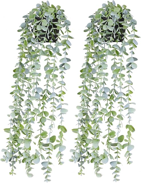 BACAMA Artificial Hanging Plants in Pots Fake Ivy Vine Leaves for Home Kitchen Garden Office Wall Mounted Shelf Decor 2 Pack Looks Full 2Feet Long Green