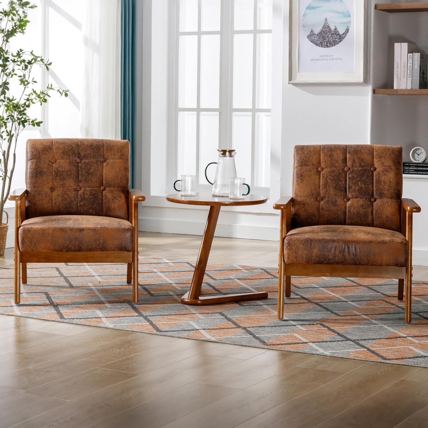 PU Leather Accent Chair Set of 2, Mid-Century Modern Armchair with Solid Wood Armrests, Button-Tufted Comfortable Cushioned Reading Chairs for Living Room, Bedroom (Coffee