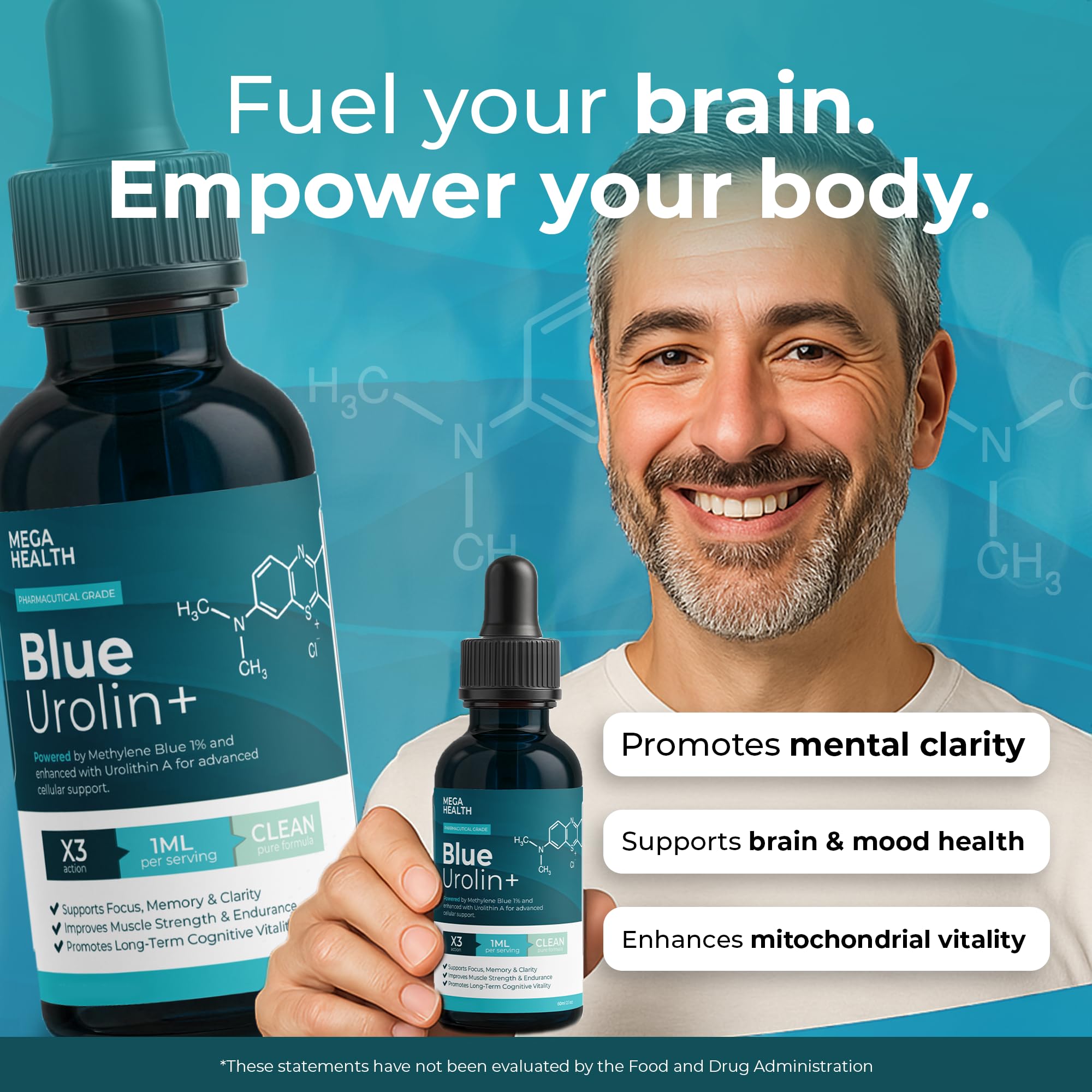 Blue Urolin+ Methylene Blue 1% USP Grade with Urolithin A & Electrolyte Solution – Brain & Mitochondria Support Supplement – Pharmaceutical Grade, No Formaldehyde – Cognitive & Cellular Energy Booster