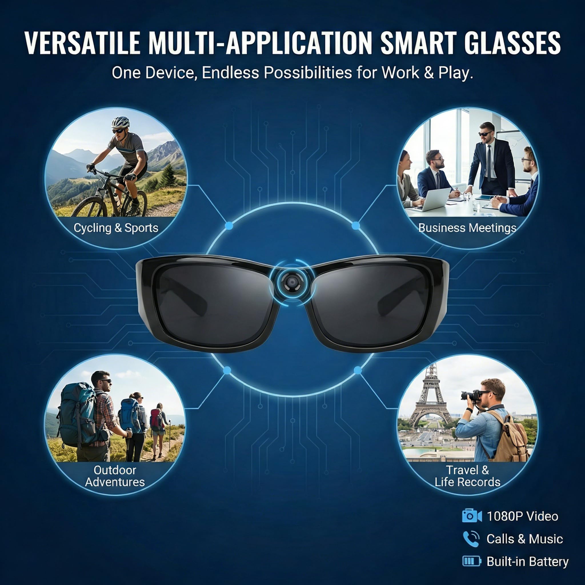 1080p Smart Blueteeth HD Camera HD Soczewki polaryzacyjne Sportowe okulary przeciwsłoneczne, wsparcie połączenia wideo, nadaje się do jazdy na rowerze w pomieszczeniach i podczas jazdy na