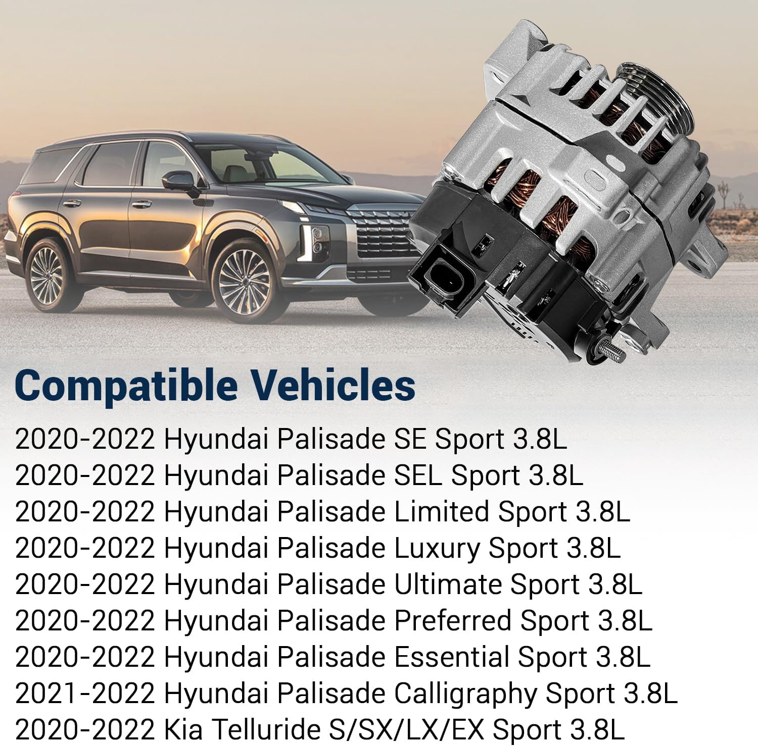 37300-3L060 180Amp Alternator Compatible With Hyundai Palisade 2020 2021 2022 2023 3.8L V6 Compatible With KIA Telluride 2020 2021 2022 3.8L V6 Replaces #2722099 601-10129 373003L060