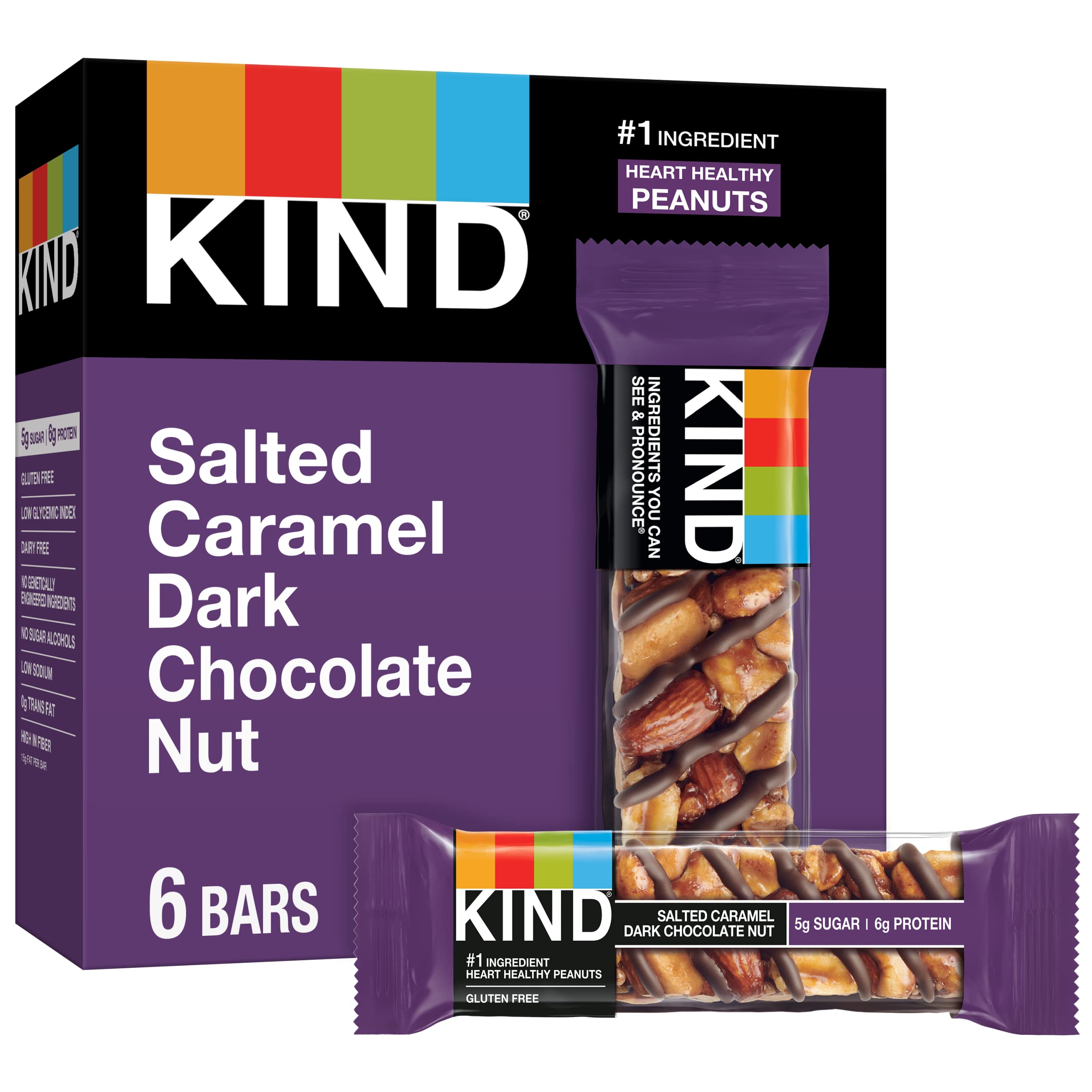Nut Bars, Salted Caramel & Dark Chocolate Nut, Healthy Snacks, Gluten Free, Low Sugar, 6g Protein, 6 Count