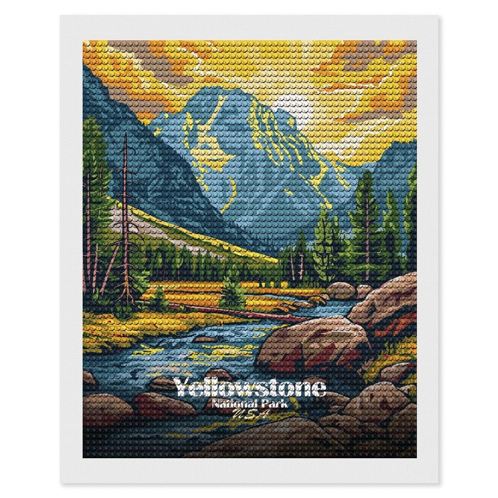 Junmoney Yellowstone National Park Landscape Illustration Diamond Art Kit 16"x20", Relaxing DIY Hobby, Satisfying Creative Project, Living Room Decor, for Women