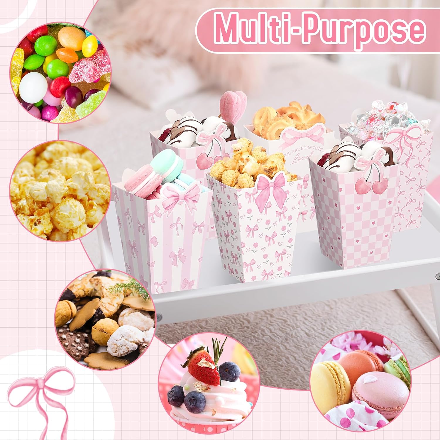 Namalu 48 Pcs Coquette Pink Bow Popcorn Boxes Mini Paper Coquette Bow Popcorn Bags Pastel Candy Container Goodies Boxes for Birthday Sleepover Bridal Shower Wedding Movie Night Party Favor